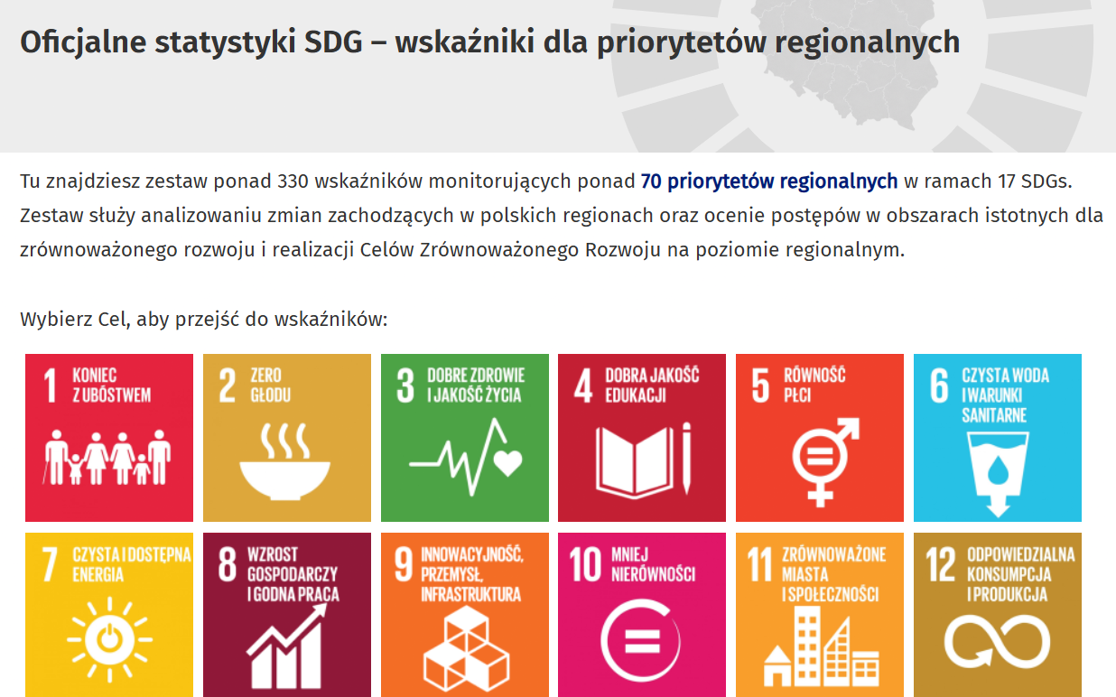 U góry tekst odnośnie zestawów wskaźników, poniżej kafelki, w kafelkach ikonki symolazujące temat danego wskaźnika
