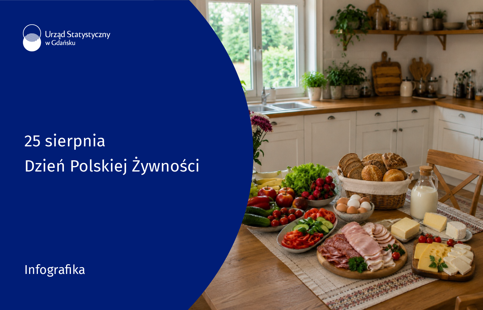 Po lewej stronie niebieskie tło, u góry logo Urzędu Statystycznego w Gdańsku, pośrodku nazwa infografiki, na dole rodzaj produktu. Po prawej stronie zdjęcie - pomieszczenie kuchnia, na stole przygotowane potrawy