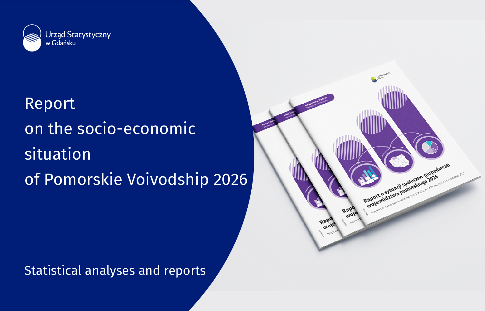 On the left is a blue background; at the top, the logo of the Statistical Office in Gdańsk; in the middle, the publication title; at the bottom, the product type. On the right is a mockup of the publication: a white cover featuring the publication type at the top, an image of three stripes in the center, and the publication title below.