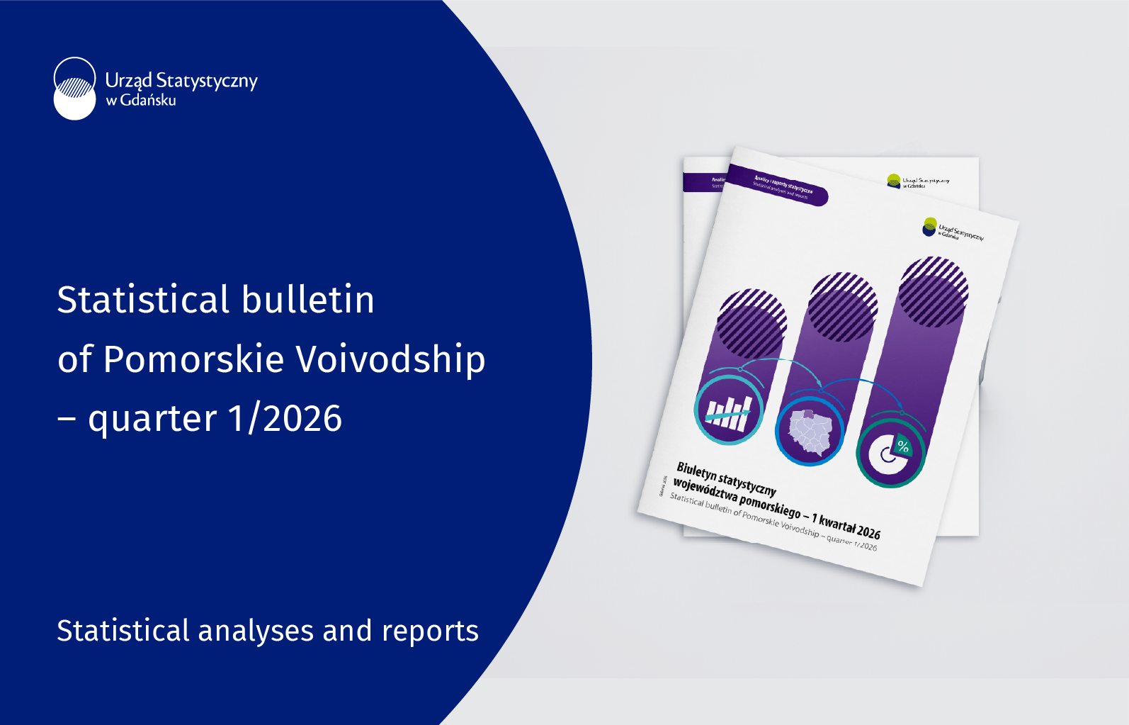 On the left side, there is a blue background, at the top is the logo of the Statistical Office in Gdańsk, in the middle is the title of the publication, at the bottom is the type of product, and on the right side is the graphic of the publication.