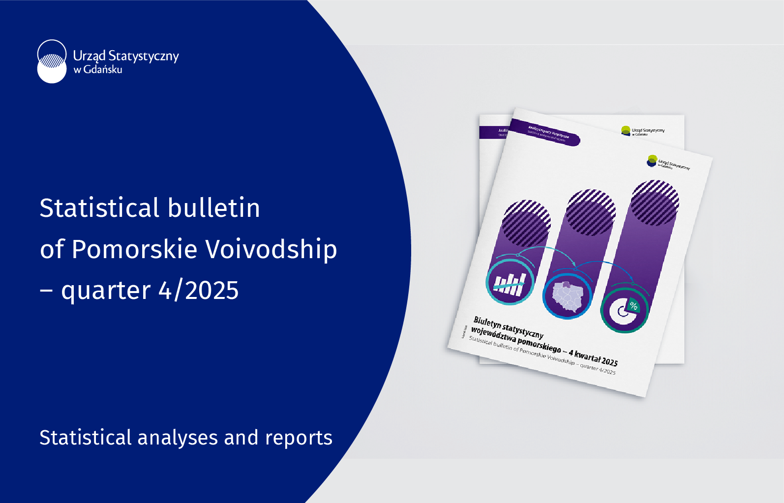 On the left side there is a blue background, at the top there is the logo of the Statistical Office in Gdańsk, in the middle there is the title of the publication, at the bottom there is the type of product, on the right side there is a graphic - a mockup of the publication in the publication, on a white background, at the top there is the type of publication, in the middle there is a photo on three stripes, below there is the title of the publication