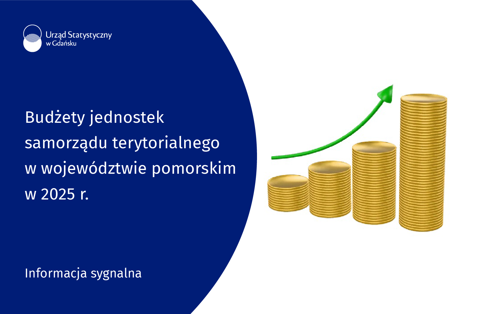 Po prawej stronie niebieskie tło, u góry logo Urzędu Statystycznego w Gdańsku, po środku nazwa informacji sygnalnej, na dole rodzaj produktu, po prawej stronie białe tło, zdjęcie w formie ikonki, na zdjęciu onety ułożone jedna na drugiej w czterech kolumnach, z lewej stroony do prawej narastająco, nad monetami strzałka pokazująca wzrostowy trend