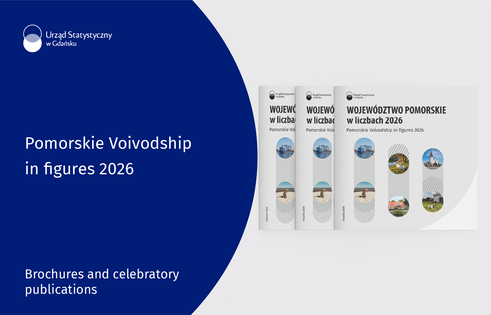  On the left, a blue background; at the top, the logo of the Statistical Office in Gdańsk; in the middle, the title of the publication; at the bottom, the product type. On the right, a mockup photo of the publication