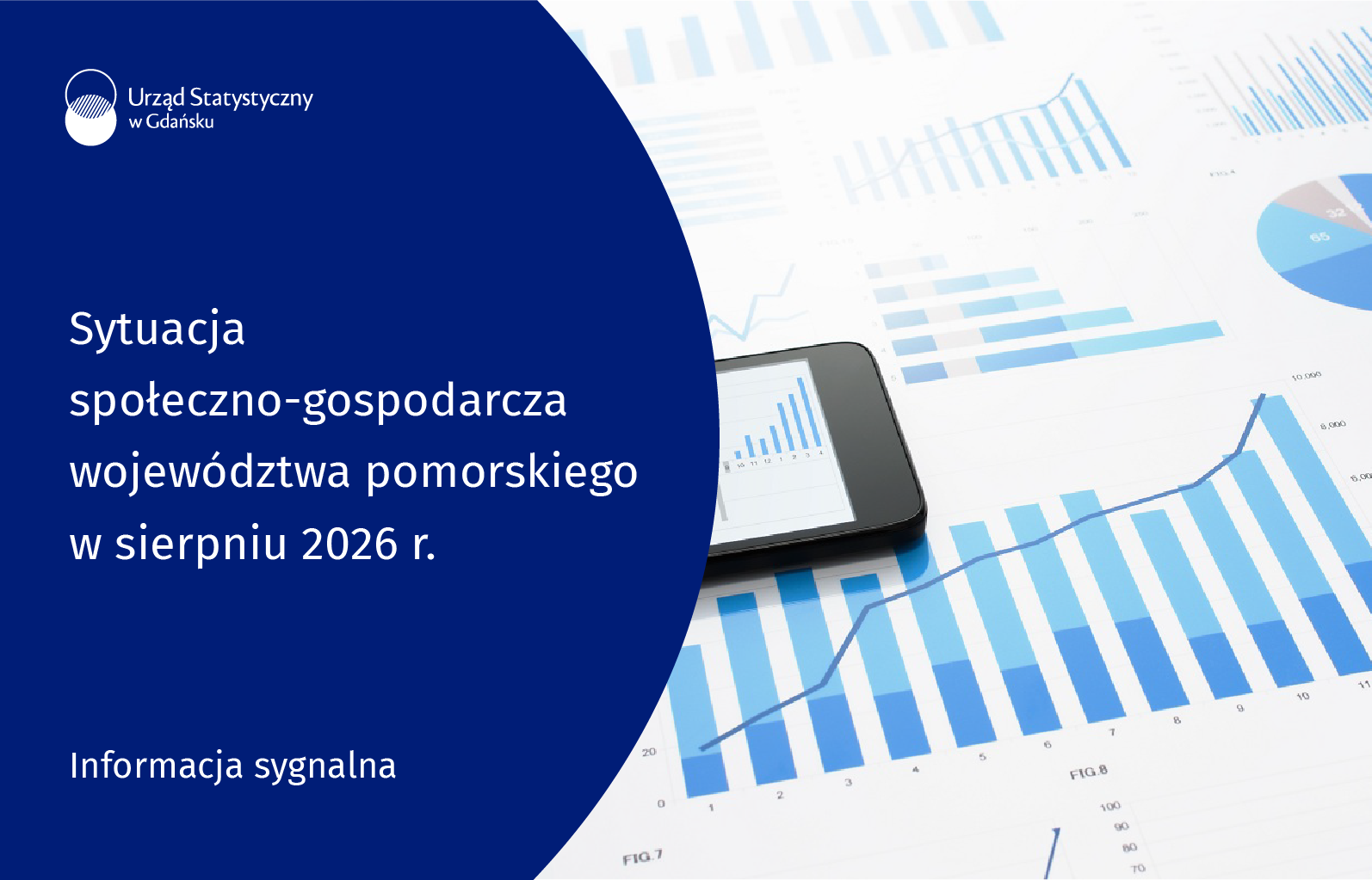 Po lewej stronie niebieskie tło, na górze logo Uzędu Stztystycznego w Gdansku po środku tytuł Informacji Sygnalnej, na dole nazwa produktu, po prawej stronie zdjęcie na nim wykresy
