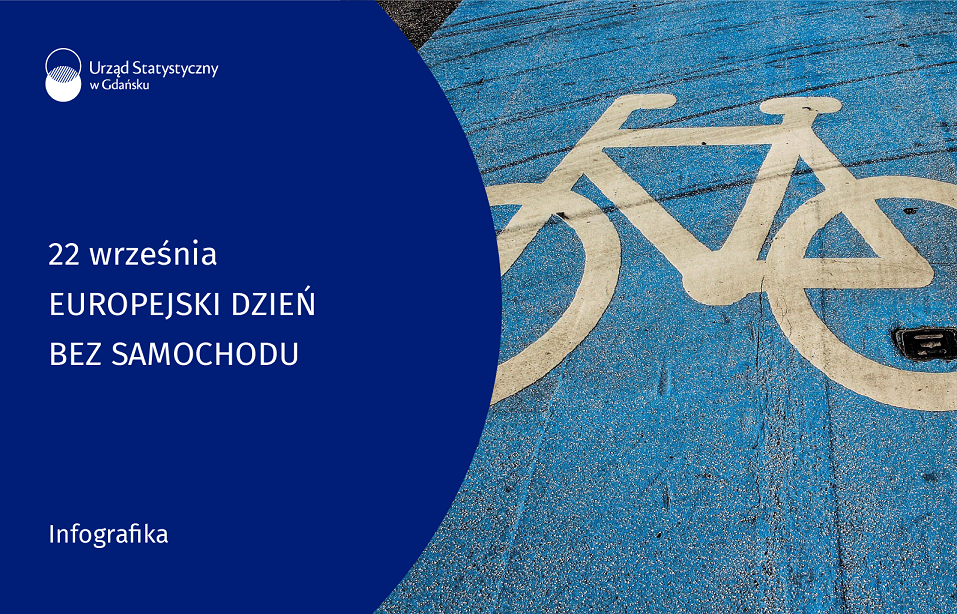 Po lewej stronie niebieskie tło, na górze logoo Urzędu Statystycznego w Gdańsku, poniżej tytuł infografiki, na dole rodzaj produktu, po prawej stronie zdjęcie ikonki roweru