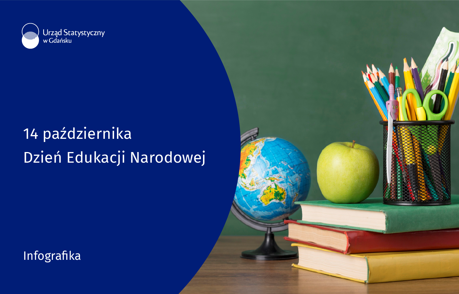 Po lewej stronie niebieskie tło, na górze logo Urzędu Statystycznego w Gdańsku, po środku tytuł  infografiki, na dole rodzaj produktu, po prawej stronie zdjęcie na zdjęciu globus, trzy książki, na ksążkach jabłko oraz kredki i ołówki