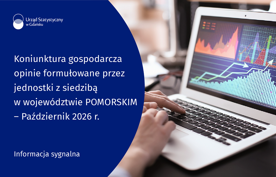 Po lewej stronie niebieskie tło, u góry logo Urzędu Statystycznego w Gdańsku, pośrodku nazwa opracowania sygnalnego, na dole rodzaj produktu. Po prawej stronie zdjęcie - osoba pracująca przy laptopie na ekranie laptopa wykresy