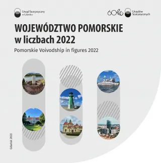 Powiększ obraz: U  góry  tekst  -  Województwo  pomorskie  w  liczbach  2022,  poniżej    trzy  zakładki,  w  nich  zdjęcia  obiektów  woj.  pomorskiego