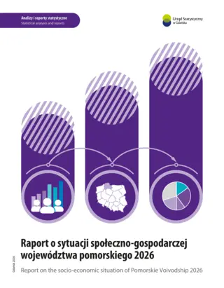 Powiększ obraz: Icons illustrating charts, a map highlighting the Pomeranian Voivodeship, below the title of the publication
